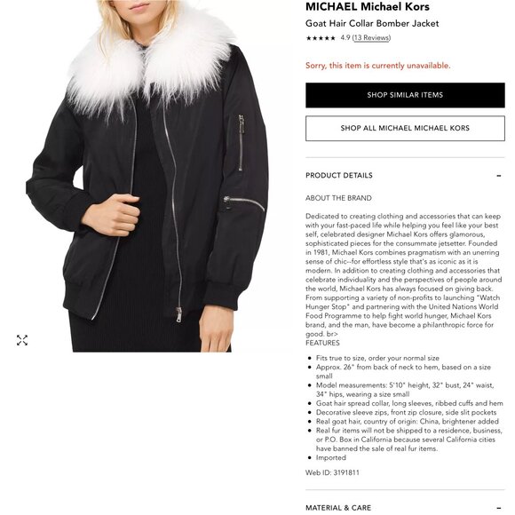 NWT - MICHAEL MICHAEL KORS Goat Hair Collar Bomber Jacket - Picture 6 of 9
